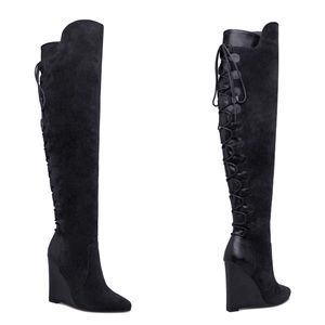 Over the Knee Boots Wedges Black Suede 6